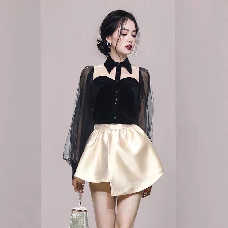 Áo sơ mi nhung phối lưới tay phồng tiểu thư(ảnh thật )