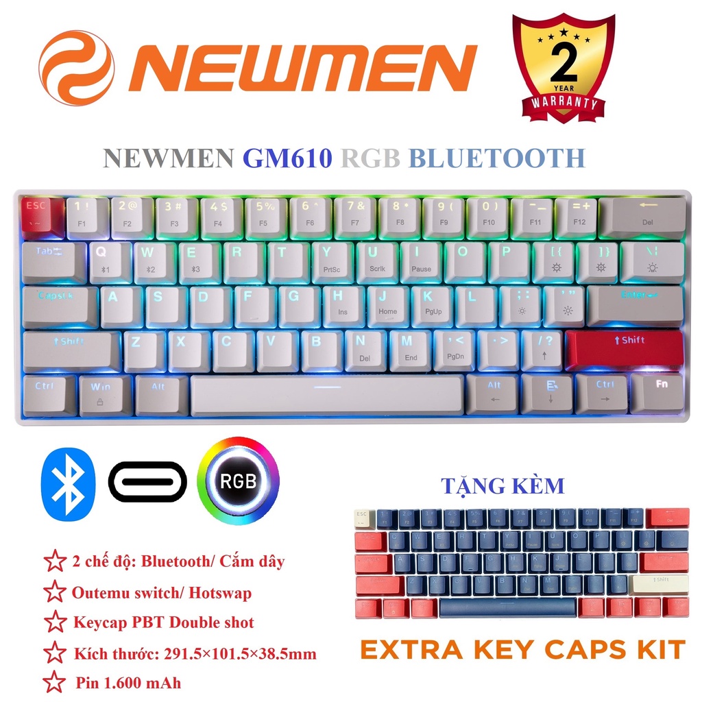 Bàn phím cơ không dây Newmen GM610 led RGB/ Bluetooth / dây USB type C rời - Hàng chính hãng