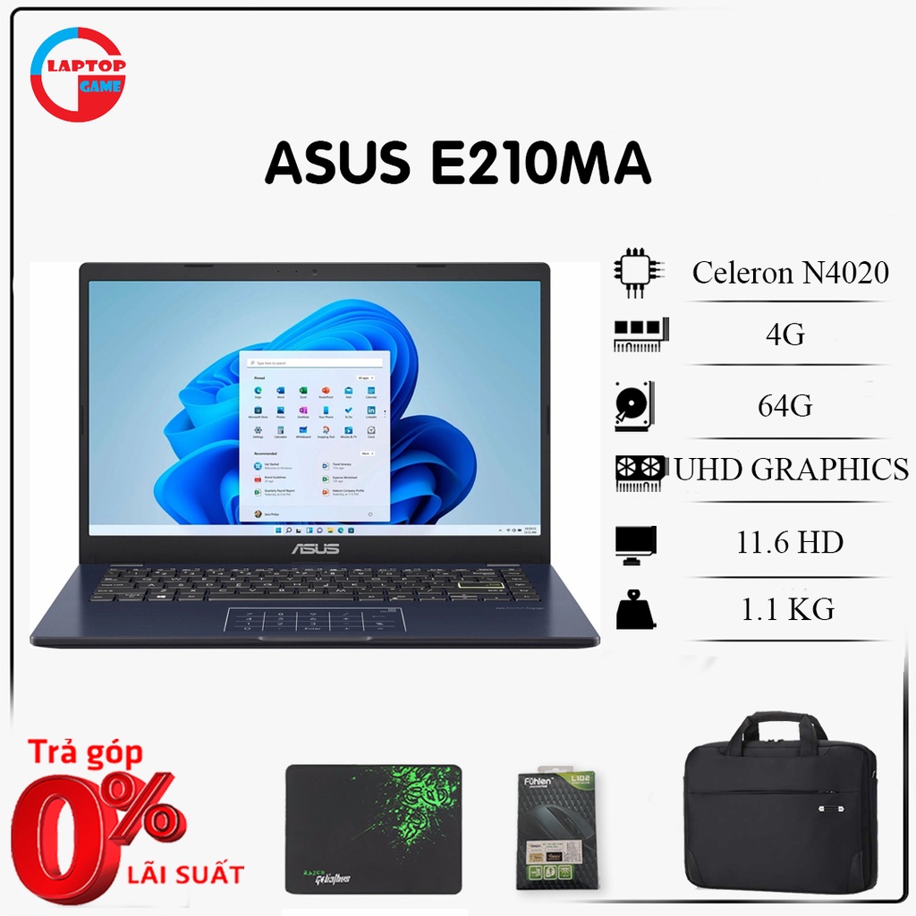 Laptop siêu gọn mỏng nhẹ ASUS E210MA (Intel Celeron N4020/4GB/64GB SSD/11.6IN HD/ 1 KG