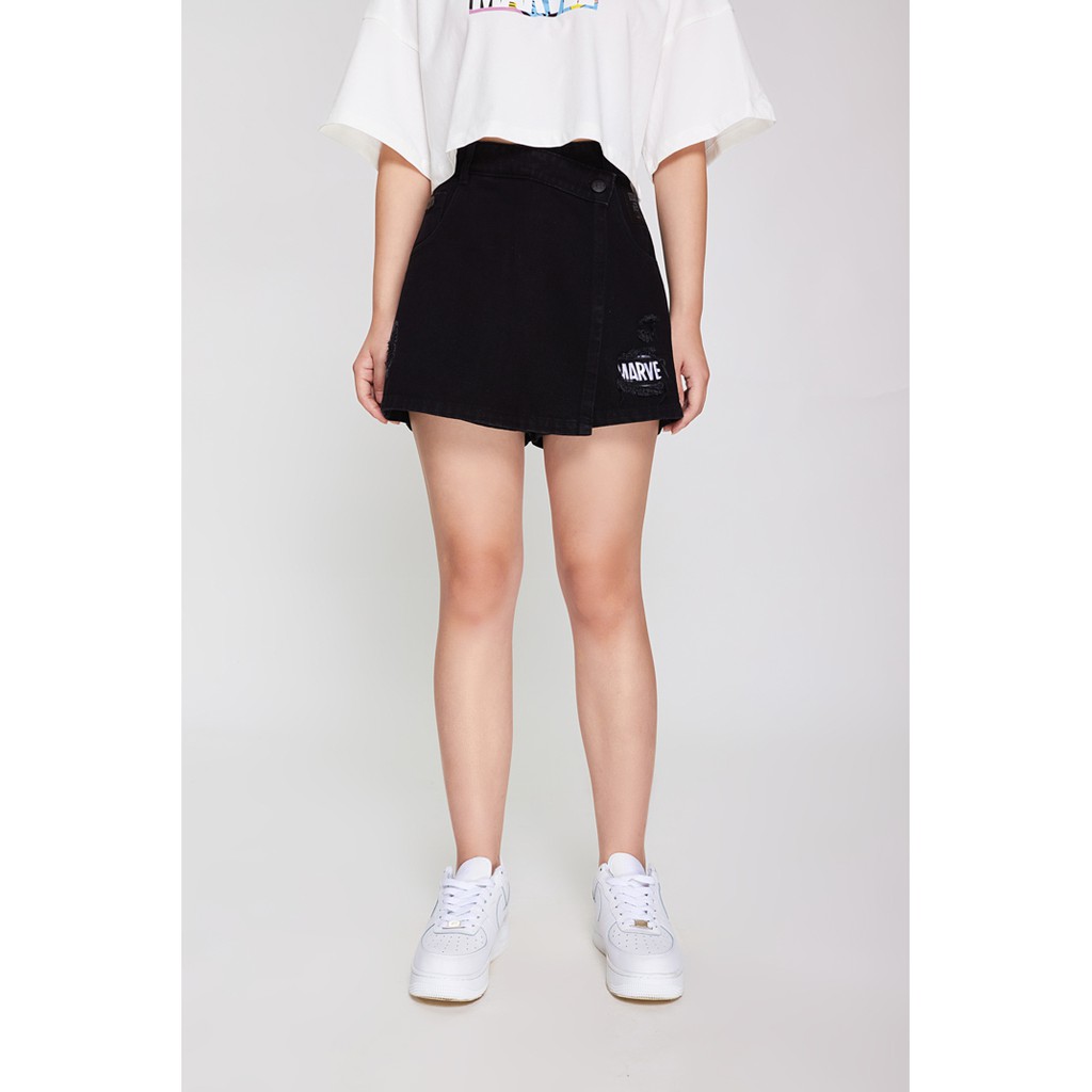 Quần Short BOO Giả Váy BOO Nữ Vải Jeans Cào Xước In Logo Marvel BZL