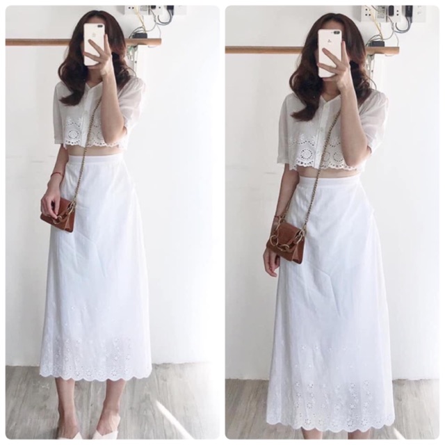 SET ÁO CROP ĐỤC LỖ KÈM CHÂN VÁY (KÈM HÌNH THẬT)