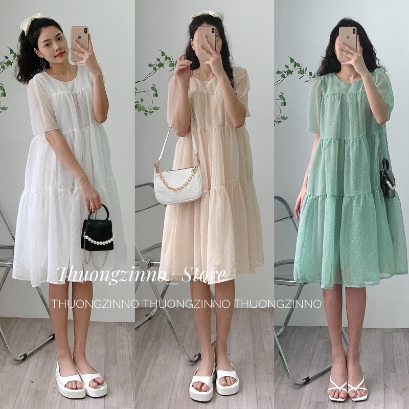[Ảnh thật/Video]Đầm babydoll White dáng dài  ba tầng hạt nổi chất voan tơ đẹp nhẹ nhàng Váy lụa Hàn