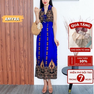 Đầm maxi trung niên cho mẹ đi biển mùa hè lanh thổ cẩm AMYRA - Váy maxi dài thoáng mát du lịch, trung niên mặc nhà Mx101
