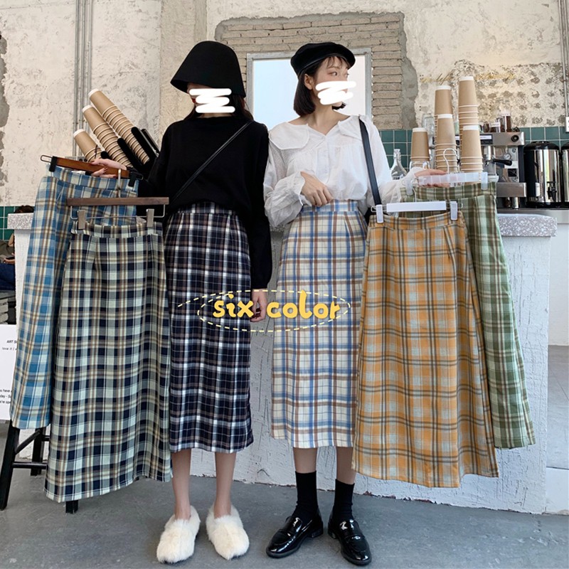 Long skirt / skirt / plaid skirt women / Korean style high waist mid-length retro Hong Kong flavor a-line skirt / A-line skirt /