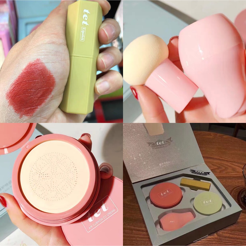 Bộ mỹ phẩm TET 4 trong 1 gồm son môi + kem BB + bông mút + phấn phủ dạng bột | BigBuy360 - bigbuy360.vn
