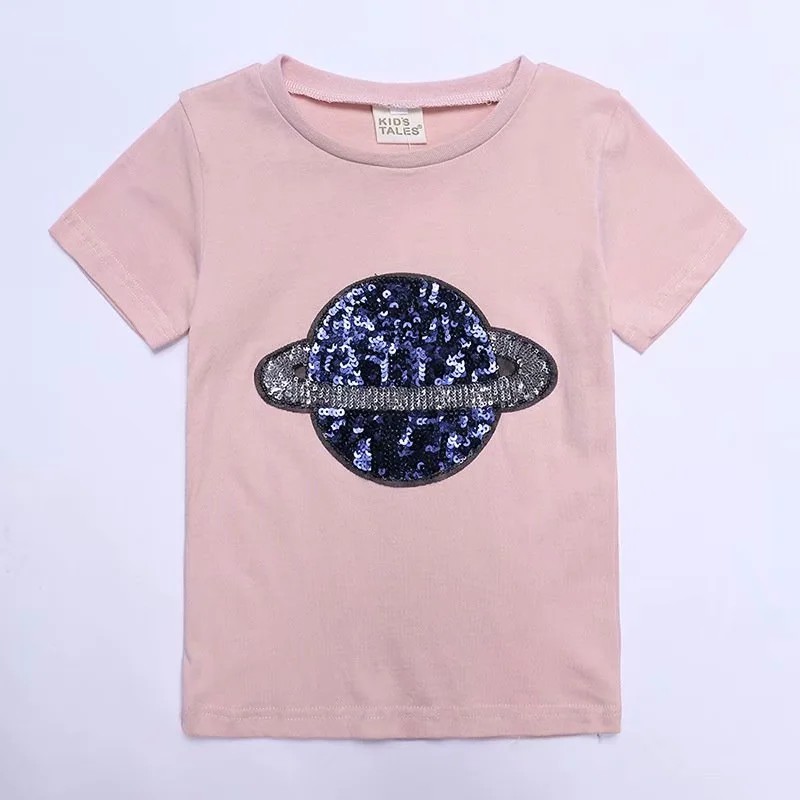 1-8 Yrs Kids Girl Cotton Tshirts Pink Faddish Bling Planet Infant Toddler White T-shirt Baby Summer Top