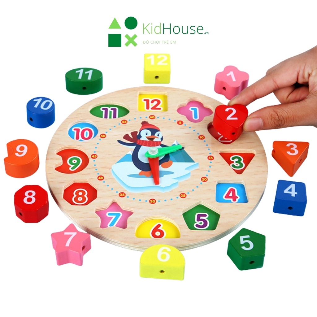 Đồ chơi gỗ montessori đồng hồ hình khối chim cánh cụt thông minh giúp bé học tập KidHouse.vn