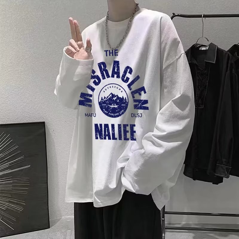 Áo Thun Tay Dài Cổ Tròn Dáng Rộng In Chữ Phong Cách Hip Hop Nhật Bản Thời Trang Cho Nam Giới Size M-5XL
