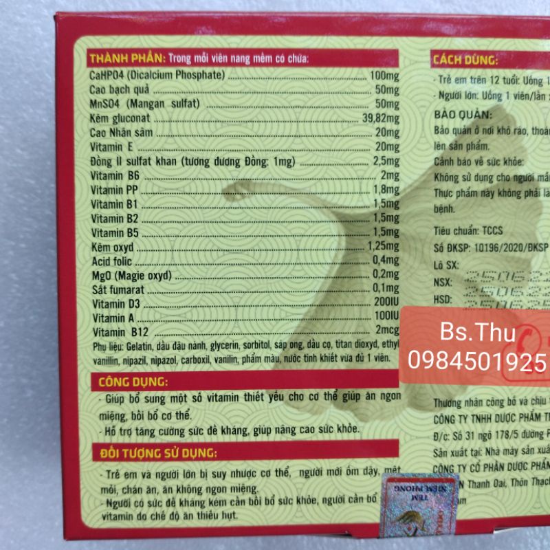 NHÂN SÂM 5B Vitamin 5B hộp 50 viên từ Cao Nhân Sâm - Dùng cho người suy nhược, mệt mỏi và thiếu hụt vitamin B