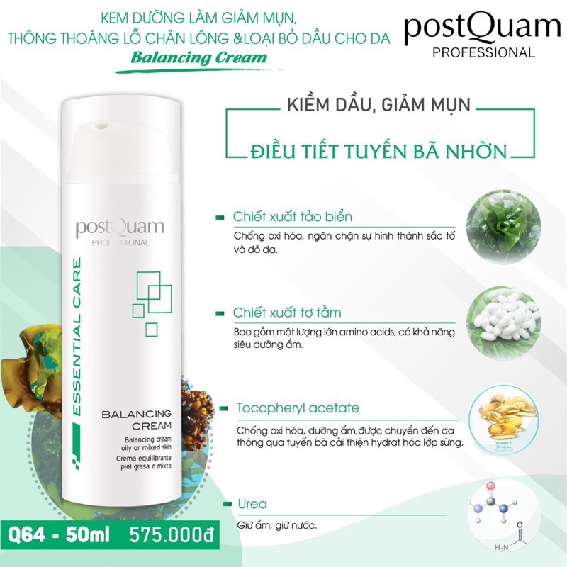 KEM DƯỠNG LÀM GIẢM MỤN, THÔNG THOÁNG LỖ CHÂN LÔNG VÀ LOẠI BỎ DẦU CHO DA POSTQUAM BALANCING CREAM 50ML