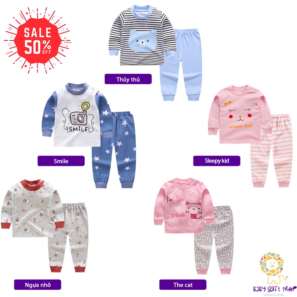 Link 1/3 - Size to - Set quần áo cotton dài tay cho bé trai bé gái mẫu thu đông hình ngộ nghĩnh