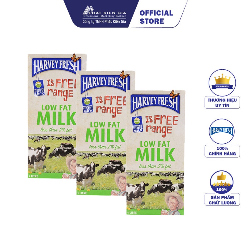 COMBO 3 Hộp Sữa Tươi Tiệt Trùng Ít Béo Harvey Fresh 1L (Úc) - Date: 22/07/2023