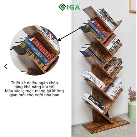 Kệ sách để sàn hình cây 9 tầng, kệ đa năng thông minh phù hợp bàn làm việc phòng khách gỗ cháy - GP03.08