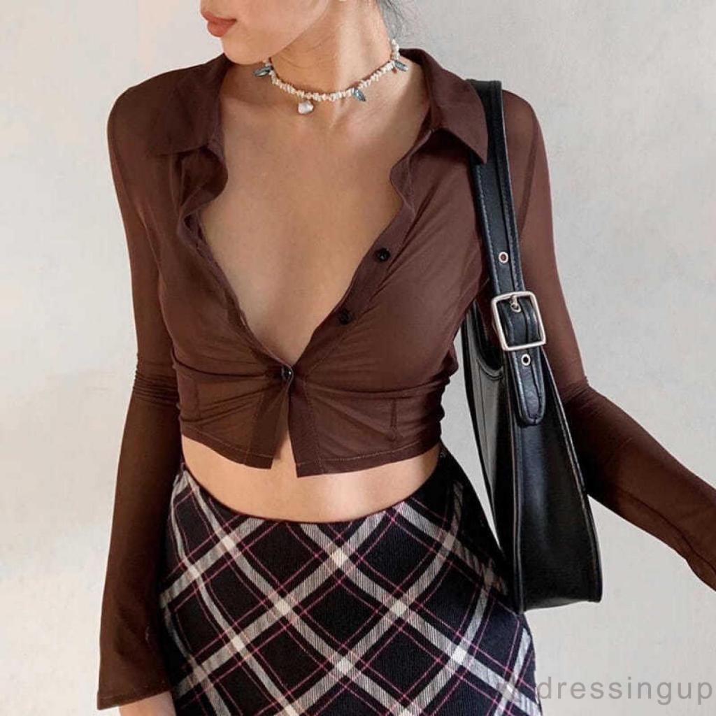 Áo lưới trong suốt cổ polo phối nút thời trang cho nữ