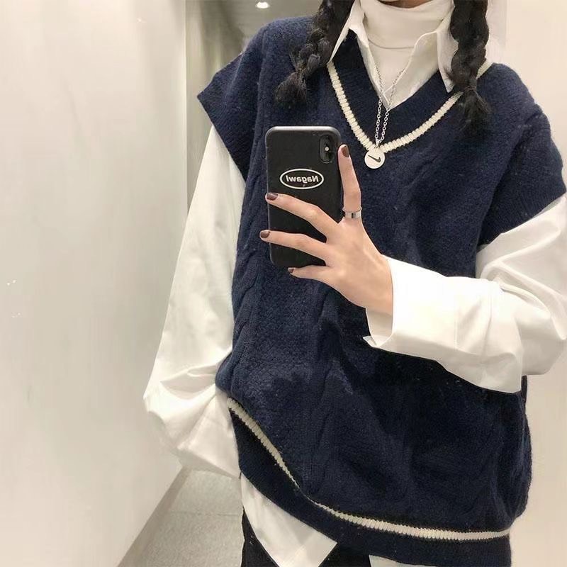Áo gile len nữ ulzzang thổ cẩm hàn quốc cổ v dáng rộng tùy chiều cao - 061