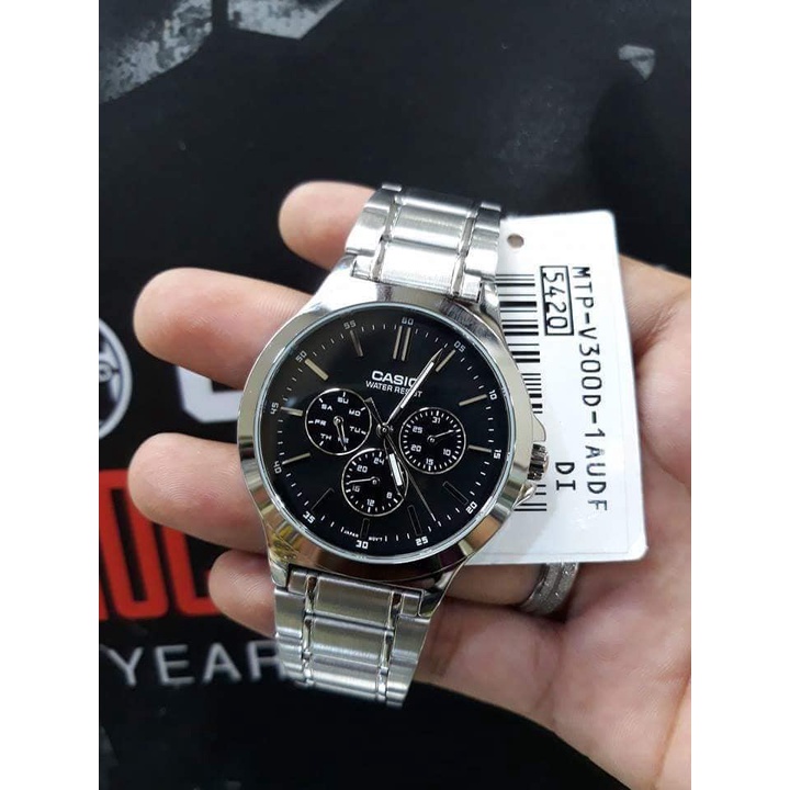 Đồng hồ Nam Casio MTP-V300D-1AUDF, đồng hồ chính hãng, dây bạc mặt đen, 6 kim