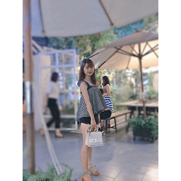 Áo hai dây bánh bèo, hoạ tiết caro bé_PASS