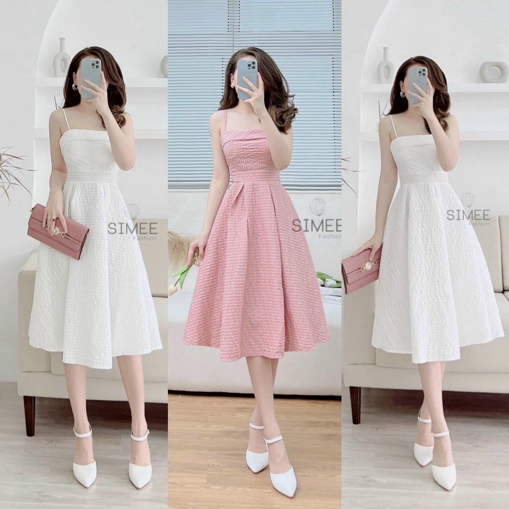 Đầm xòe hai dây xếp ly ba màu trắng hồng đen có mút