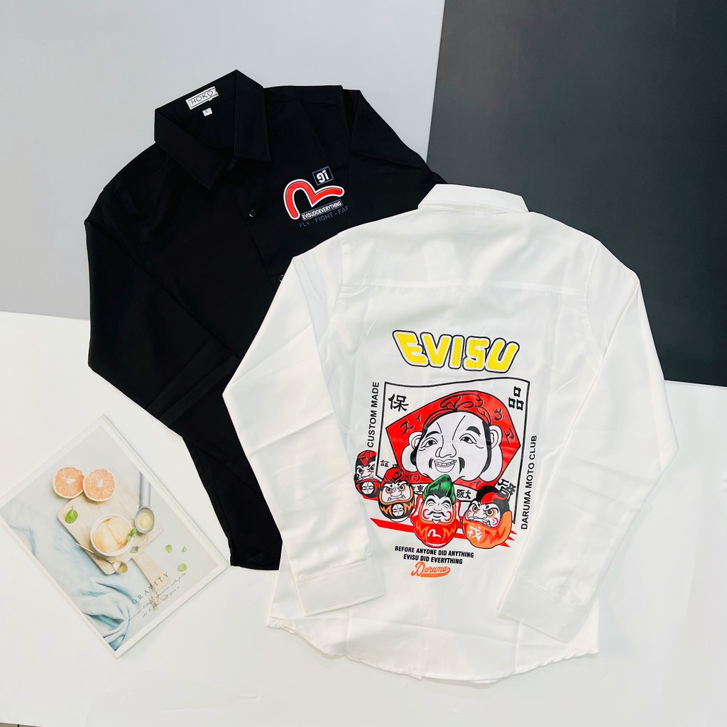Áo sơ mi nam dài tay in họa tiết EVISU ông địa vải lụa mịn chống nhăn, co giãn mẫu mới nhất giá rẻ cao cấp VBSHOP0045