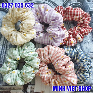 Dây Cột Tóc Vải Scrunchies Kẻ Caro Hoa Cúc Dành Cho Nữ