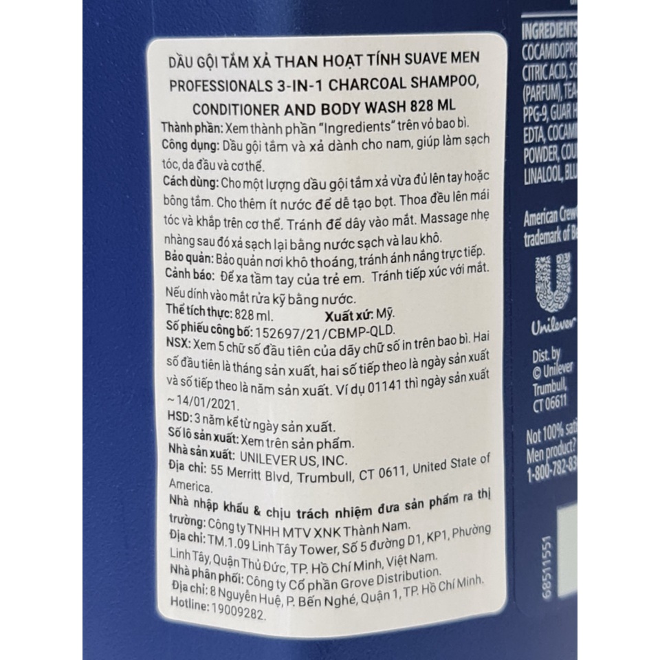 Sữa Tắm Gội Xả 3 Trong 1 Cho Nam SUAVE Men 828ml Mỹ
