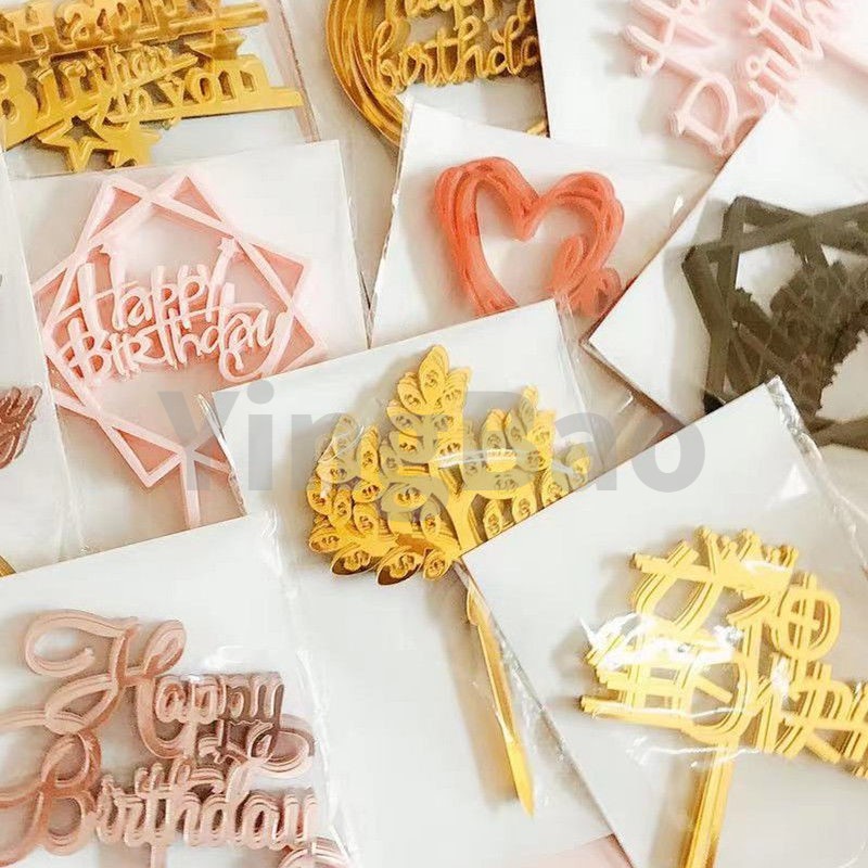 Set 10 Que Nhựa Chữ Happy Birthday Màu Vàng/Bạc/Đen Trang Trí Bánh Kem