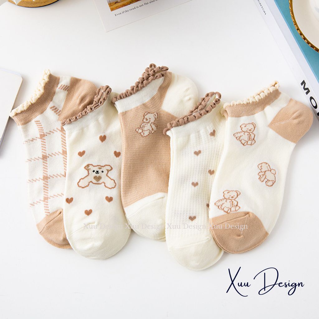 Tất nữ cổ ngắn XUU cổ viền bèo họa tiết gấu dễ thương vải cotton co dãn - T10