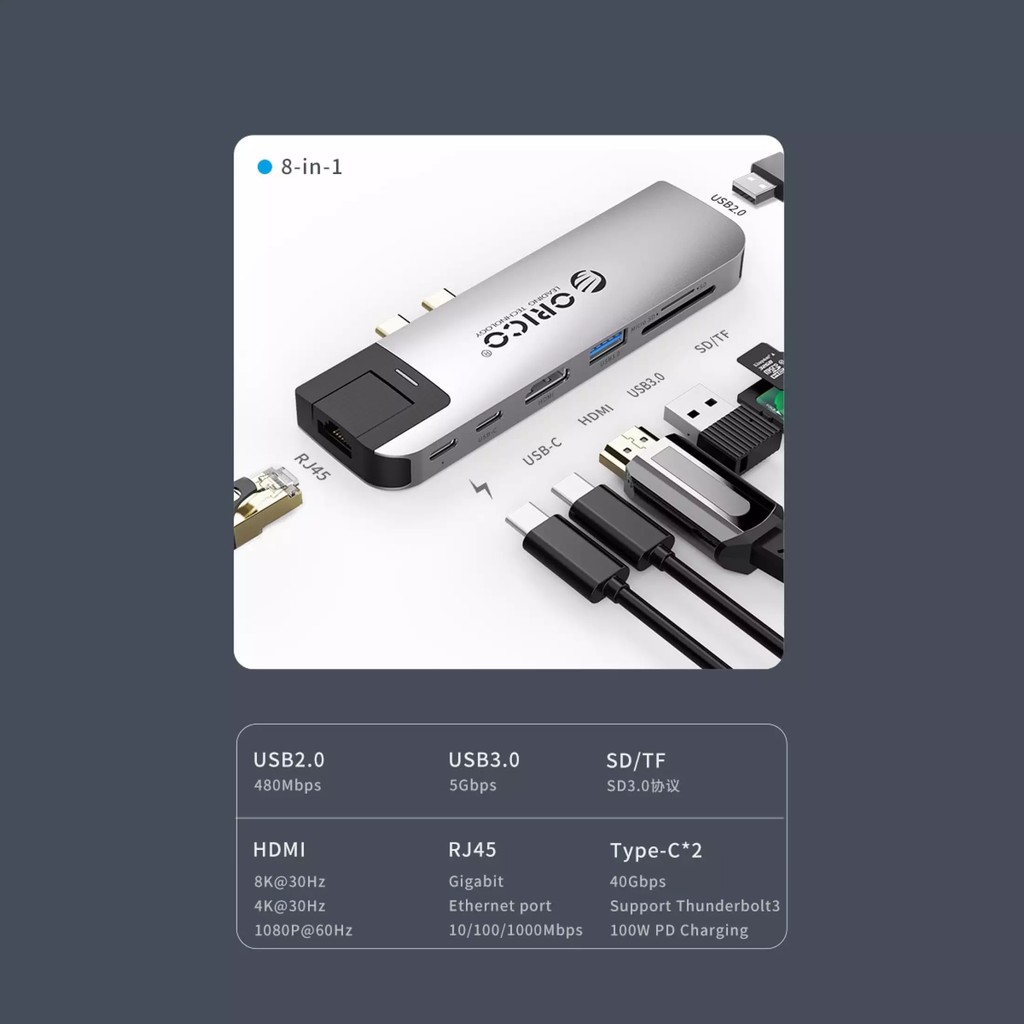 Bộ Hub chuyển đổi chia cổng 8 trong 1 Orico USB type C kép sang HDMI USB 3.0 Gigabit RJ45 dành cho Macbook Pro