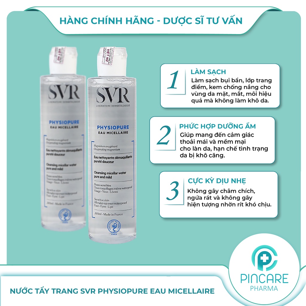 Nước tẩy trang cho da nhạy cảm SVR Physiopure Eau Micellaire - Hàng chính hãng - Nhà thuốc PinCare