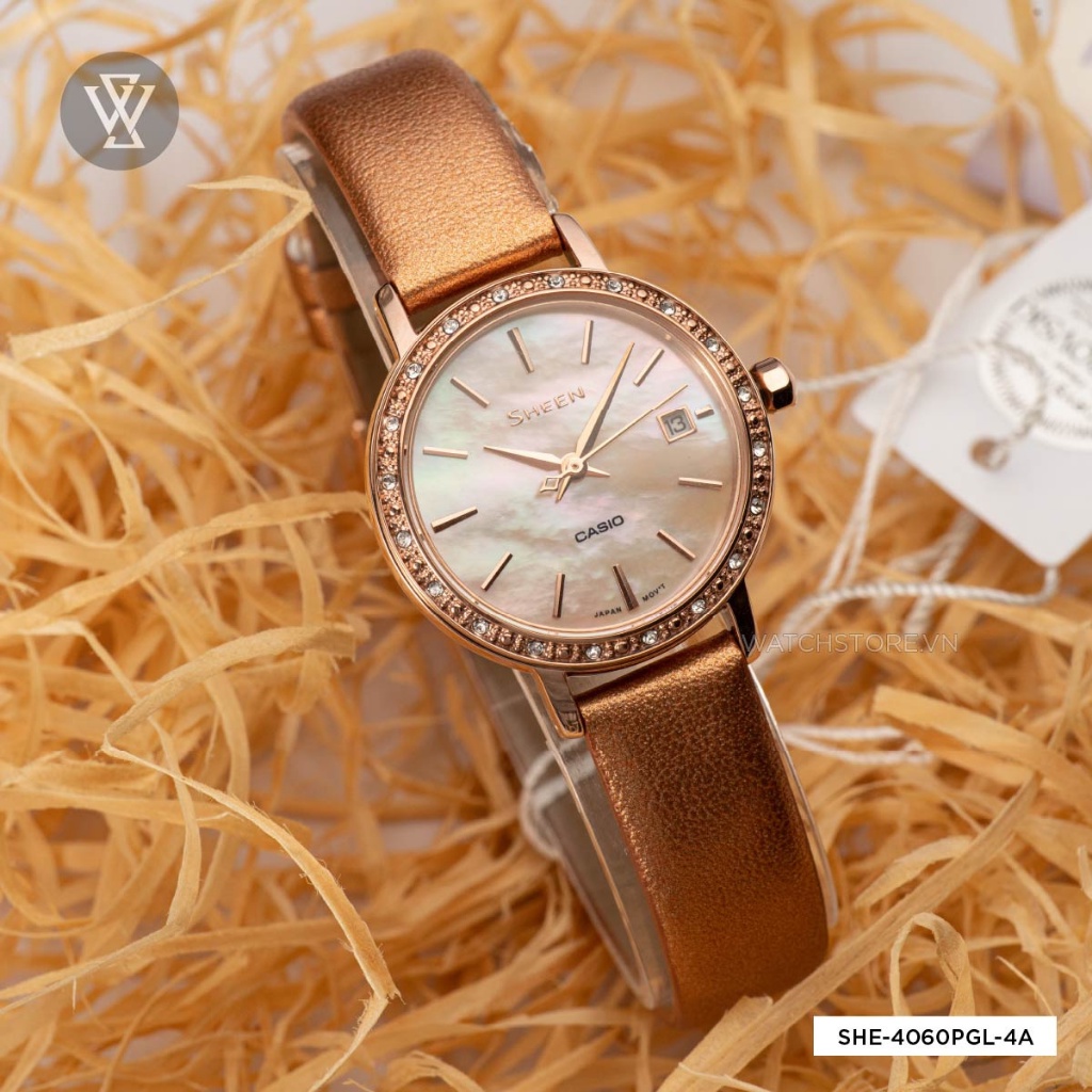 Đồng Hồ Quartz Nữ Casio Sheen WATCHSTORE SHE-4060PGL-4AUDF Thiết Kế Mặt Kính Khoáng 28mm, Dây Đeo Da, Vỏ Thép Không Gỉ