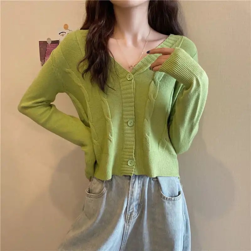 Áo Khoác Cardigan Dệt Kim Cổ Tim Xinh Xắn Cho Nữ Chất Len Tăm Phong Cách Ulzzang Hàn Quốc Nhiều Màu