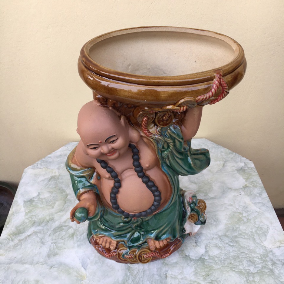 Chậu tượng Di lạc nâng ang men màu xanh ngọc gốm Bát tràng 1 size CT-52 -hm