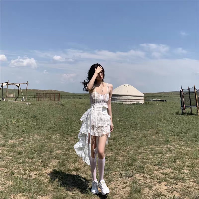 (ORDER TAOBAO) Đầm ren 2 dây cúp ngực đuôi cá xoè phối áo khoác jeans kèm feedback thật