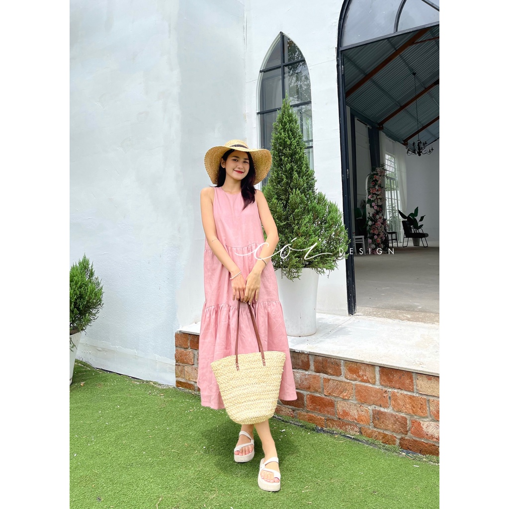 Đầm linen sát nách trơn tầng Cói Design