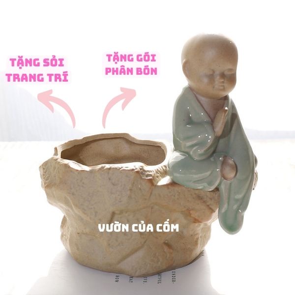 Chậu sứ trồng cây để bàn kèm tượng phật bình an , kíck thước 16 x 16 cm , hốc trồng cây 8 cm