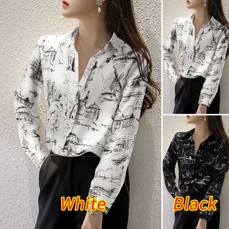 Áo kiểu ZANZEA cổ lật tay dài ôm dáng họa tiết in phong cách cổ điển phối nút đơn giản thời trang dành cho nữ