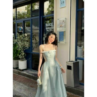 Đầm midi tafta 2 dây kèm hoa
