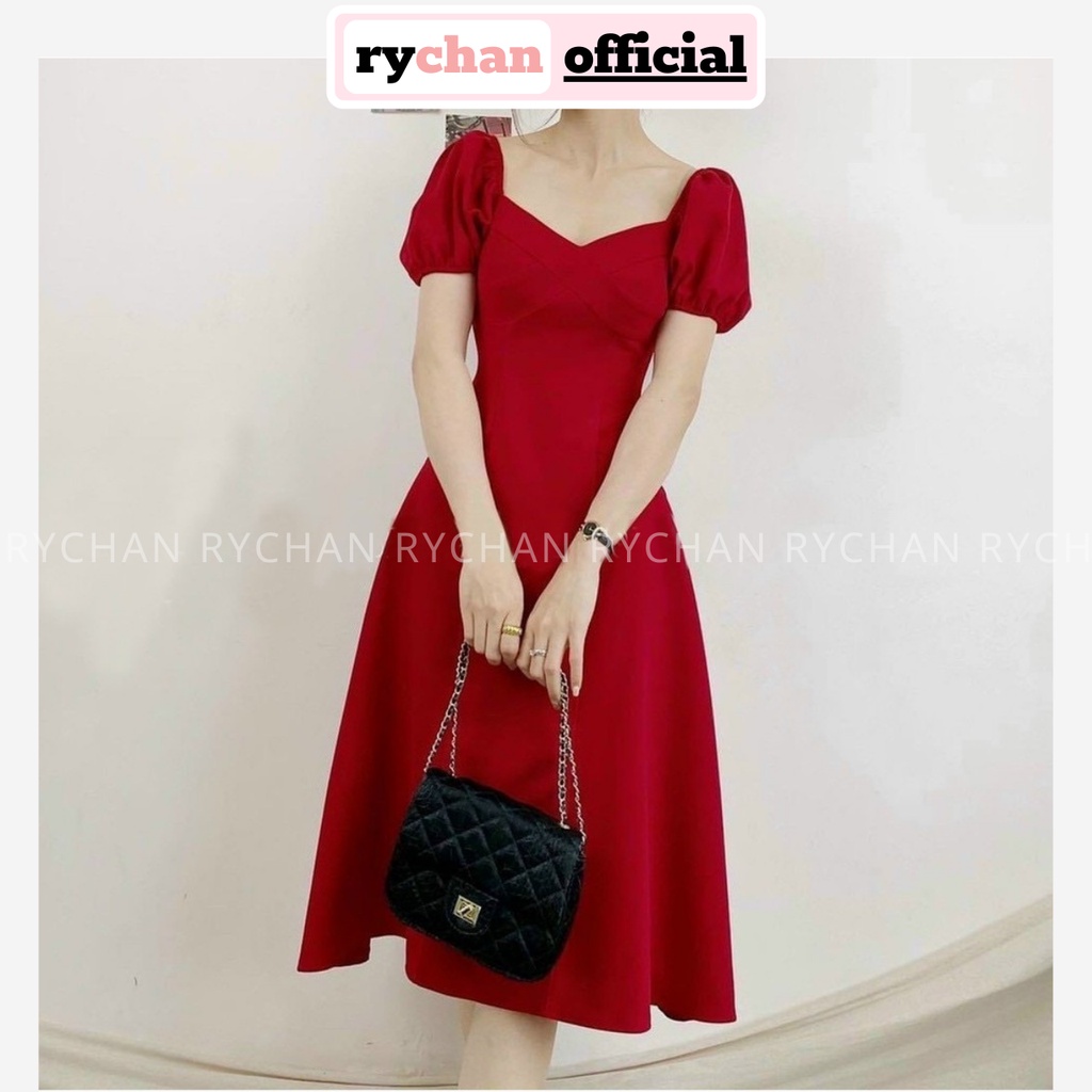 Đầm Xòe Midi Vai Nhún Bẹt Vai Tay Phồng Chiết Eo 2 Màu [Ảnh Thật Cuối] - DX9960