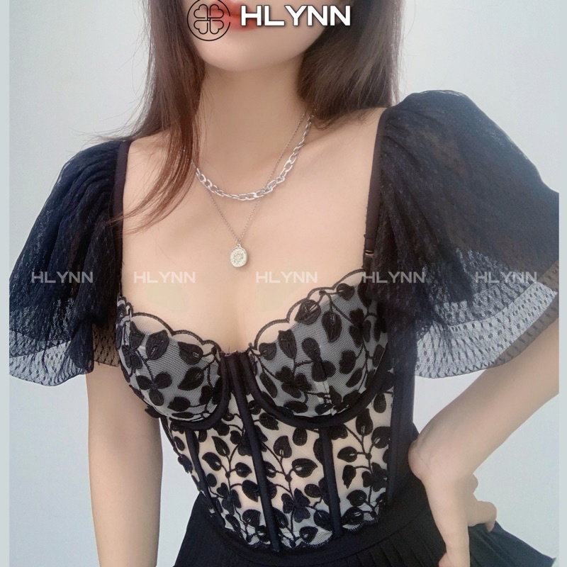 Áo corset ren hoa nổi tay cánh tiên có gọng mút dày 2cm m182