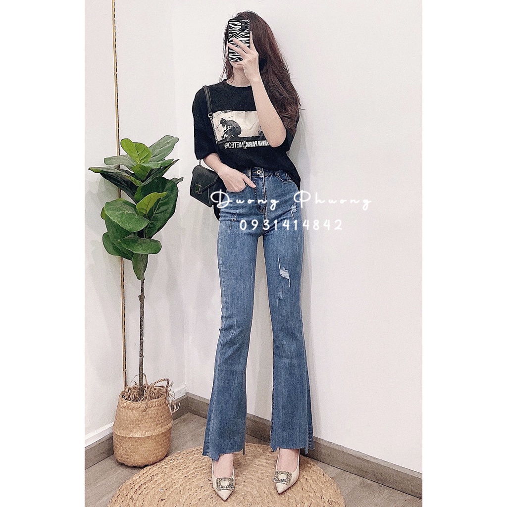 Quần jean nữ ống bass dài, quần ống loe kiểu lai rách - QU023