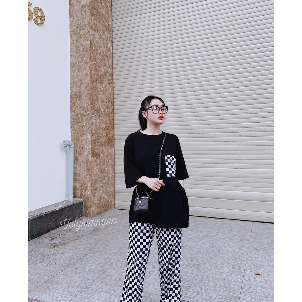 Set bộ kẻ đùi nắp túi mix quần kẻ caro ống rộng TH870