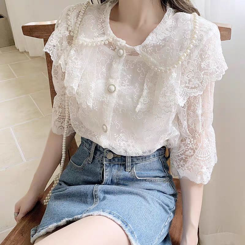 Áo Ren Cổ Búp Bê Tay Ngắn Dáng Ôm Đính Hạt Thời Trang Mùa Hè Cá Tính Dành Cho Bạn Nữ