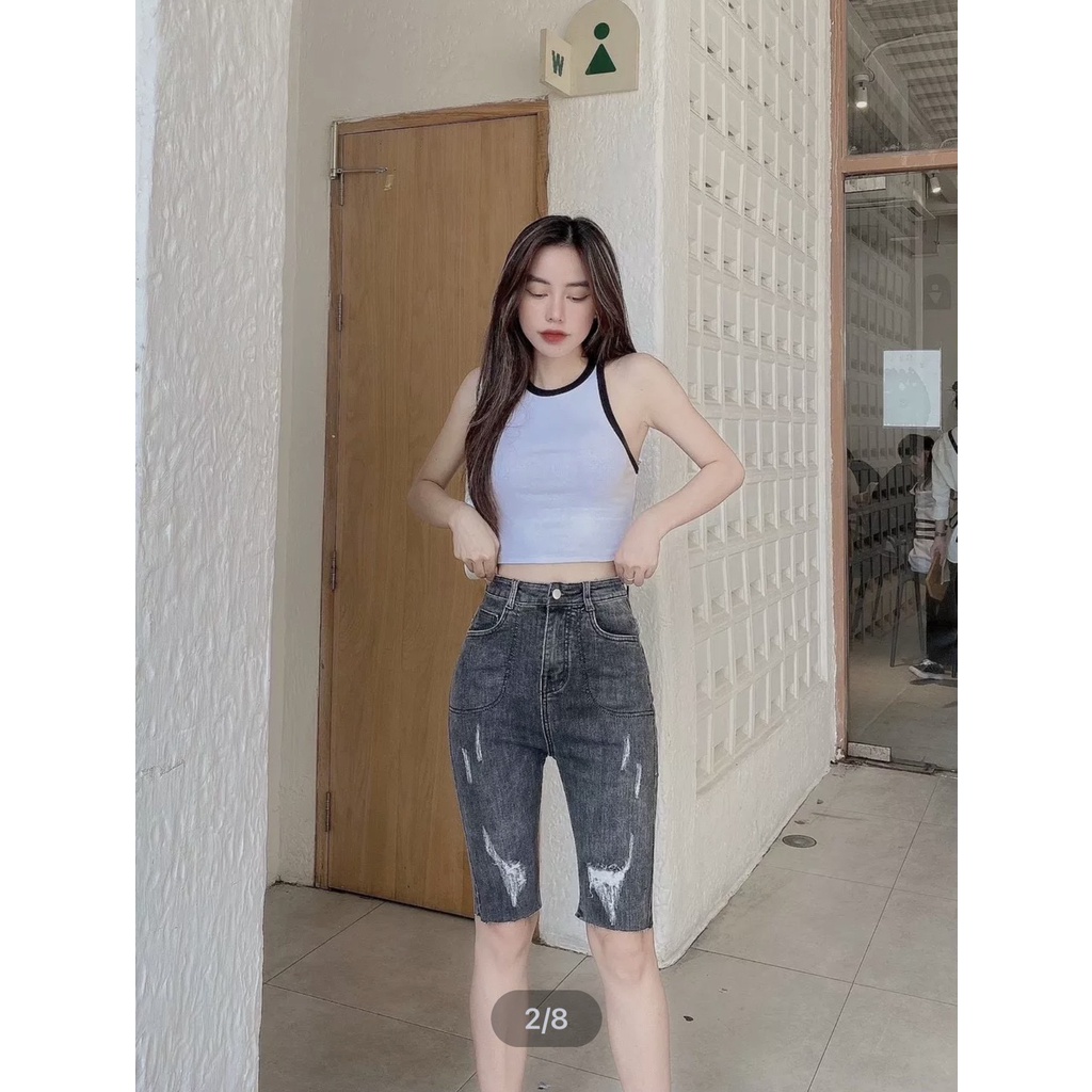 Quần jeans ngố lửng Big Size co dãn mạnh, màu xám rách xước, lưng cao 4352 4350