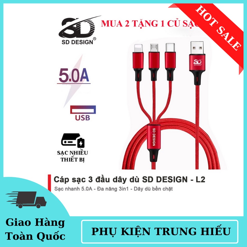 Cáp Sạc 3 Đầu L2 SD Design dây dù đa năng siêu bền chống đứt