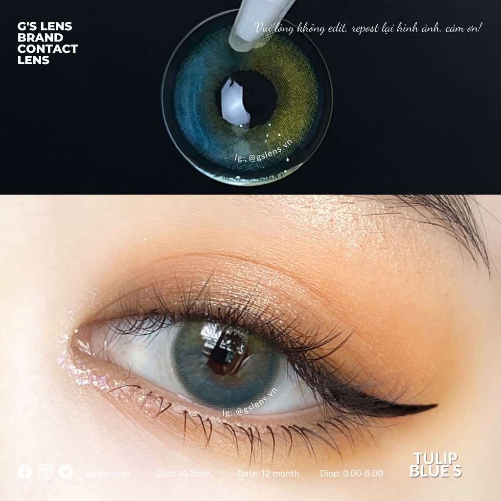 Lens Mắt Kính Áp Tròng Nâu Xanh Tây Sáng TULIP BROWN Giãn Ít Có Từ 0 Đến 6 Độ Lệch Độ Size S 14.2mm