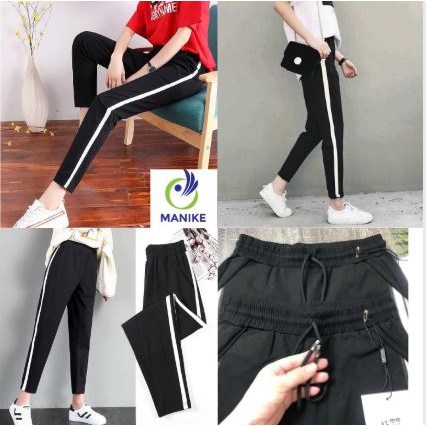 Quần Thể thao Nữ Chất Umi Viền Sọc Trắng,Quần Jogger Cạp Chun Màu Đen Mặc Thể dục,Đi Làm,Đi Học Cá TÍnh