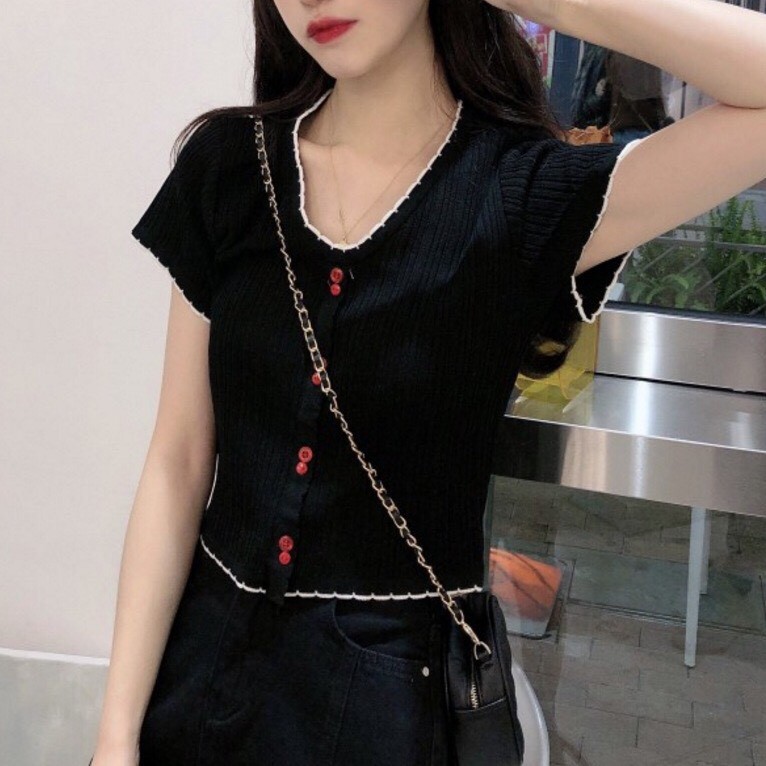 áo thun dệt kim ngắn tay cổ V khuyu đôi 0110