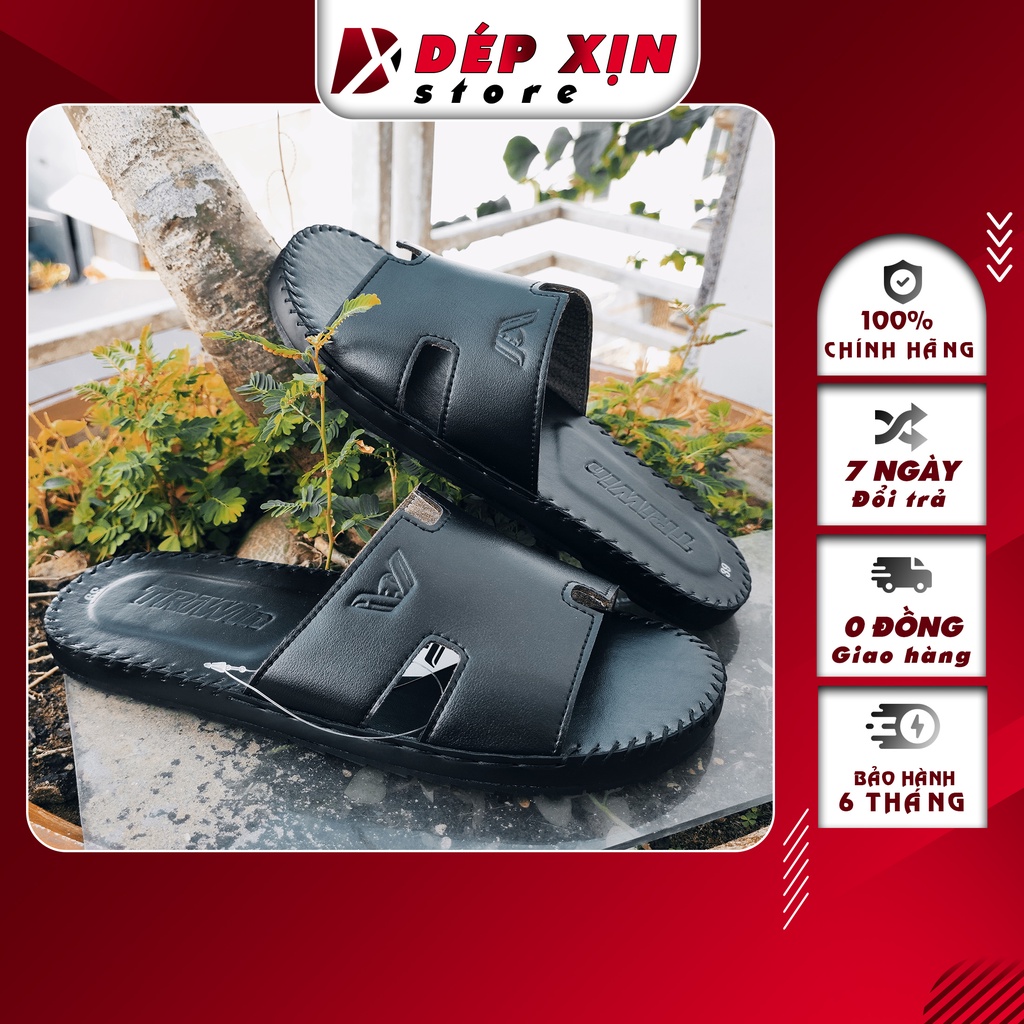 Dép Da Quai Ngang Cao Cấp Chữ H TRIWIN Khâu Quai Đế Siêu Bền Màu Đen