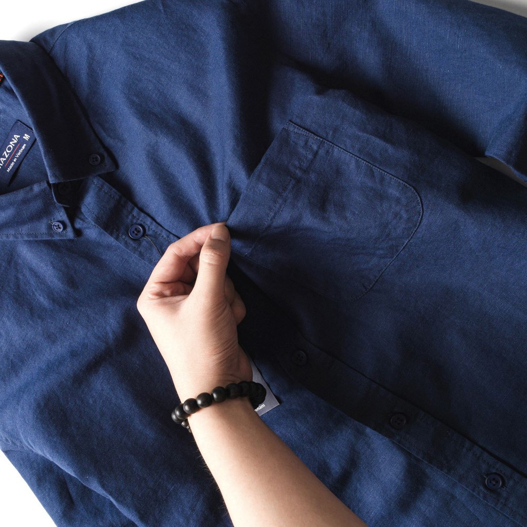 [CHÍNH HÃNG] Áo sơ mi tay dài👘 áo sơ mi nam form đẹp vải Linen xanh dương đậm cá tính | BASICHOUSE