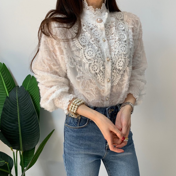 SUXI Áo Sơ Mi Tay Dài Cổ Đứng Phối Ren Đơn Giản Thanh Lịch Dành Cho Nữ